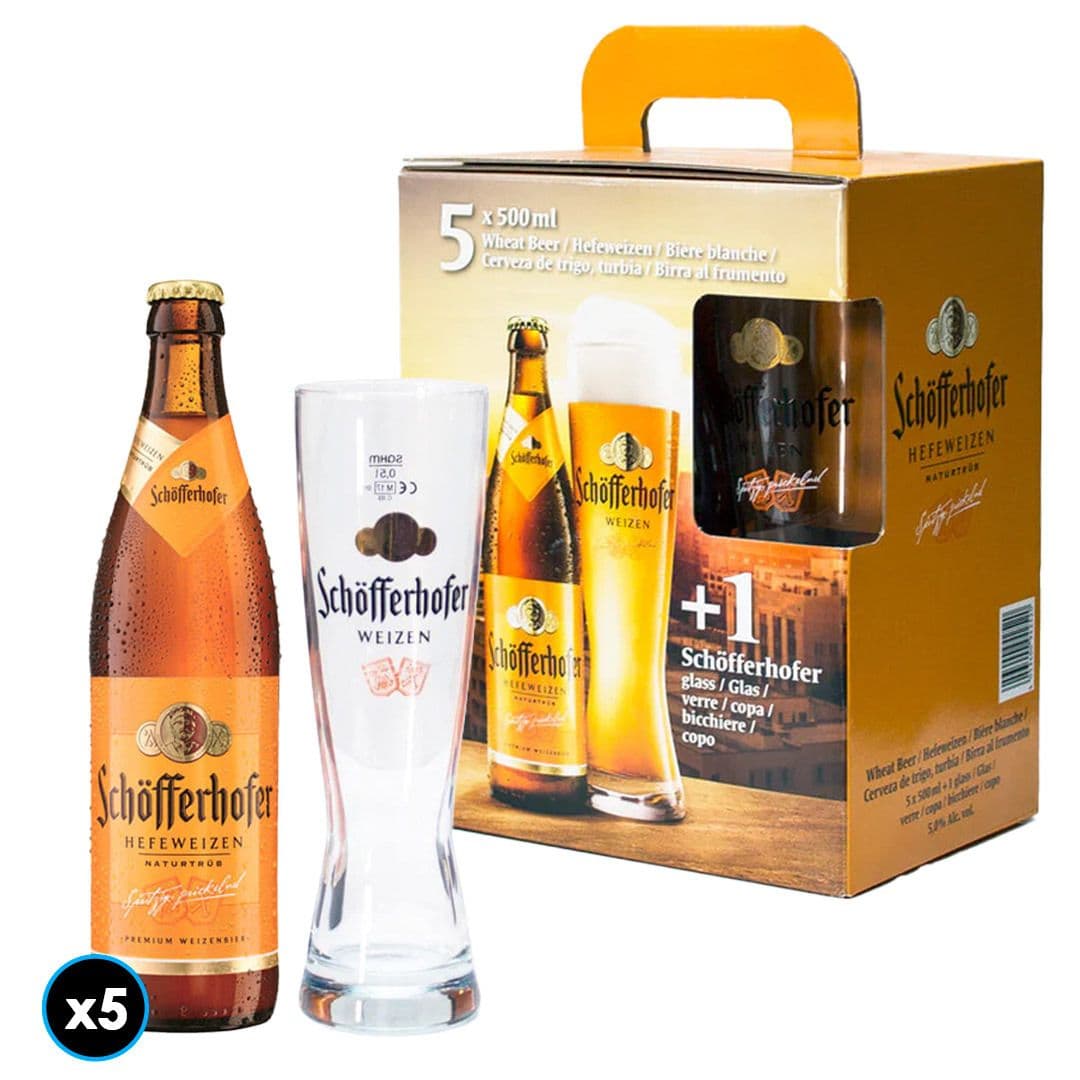 Kit 5 Cervezas Schofferhofer Hefeweizen Botella 500cc + Vaso Schop_1