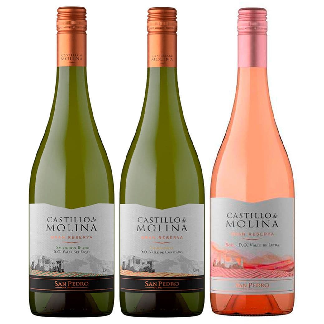 PACK CASTILLO N°1: 1x Vino Castillo de Molina Gran Reserva Sauvignon Blanc 750cc + 1x Vino Castillo de Molina Gran Reserva Chardonnay 750cc + Vino Castillo de Molina Gran Reserva Rosé 750cc_1