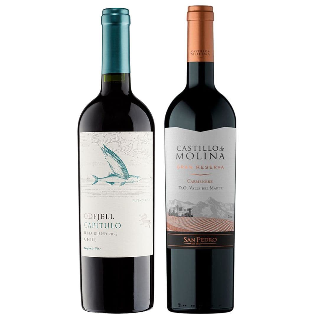 PACK DUO GRAN RESERVA Nº4 (Carmenere/Ensamblaje): 1x Vino Odfjell Capítulo Flying Fish Gran Reserva Ensamblaje 750cc + 1x Vino Castillo de Molina Gran Reserva Carmenere 750cc_1
