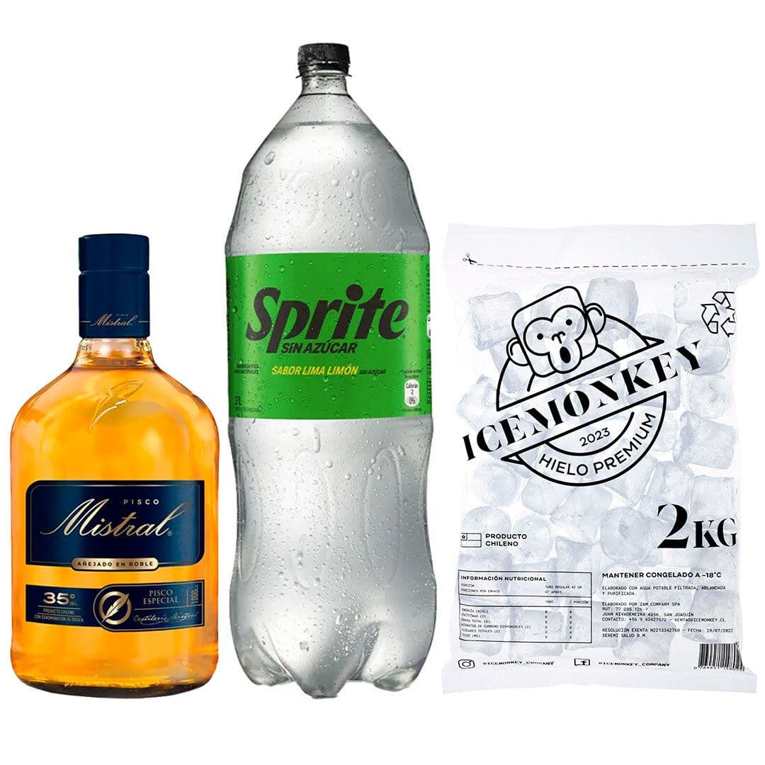PROMO MISTRAL LITRO + SPRITE ZERO 3LTS + HIELO: Pisco Mistral Añejado 1 Litro 35º alc. + Bebida Sprite 3 L + Hielo Ice Monkey 2 kg._1
