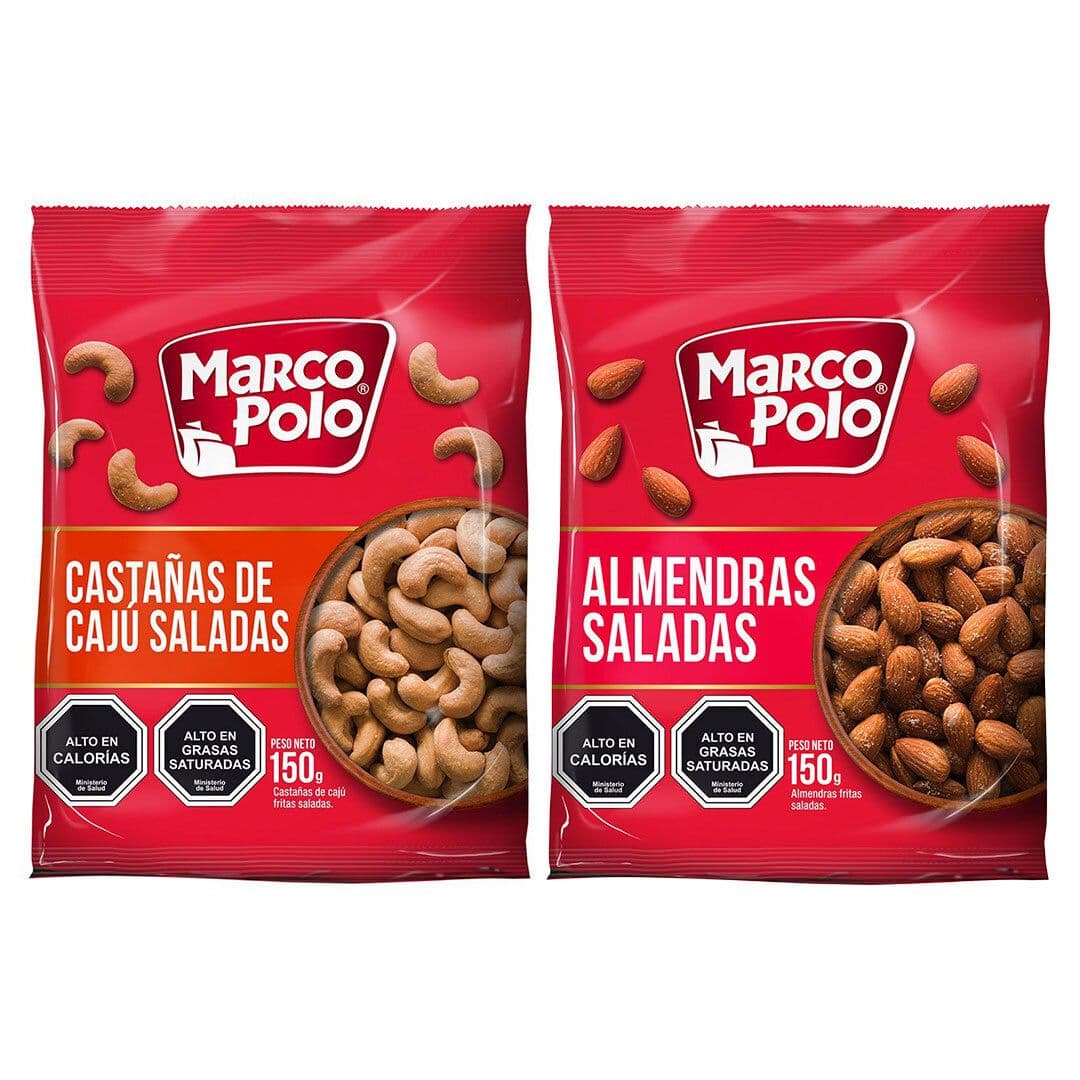 PACK MIX VARIEDADES SALADO MARCO POLO: 1x Almendras Saladas Marco Polo 150 grs + 1x Castañas de Cajú Saladas Marco Polo 150 agrs._1