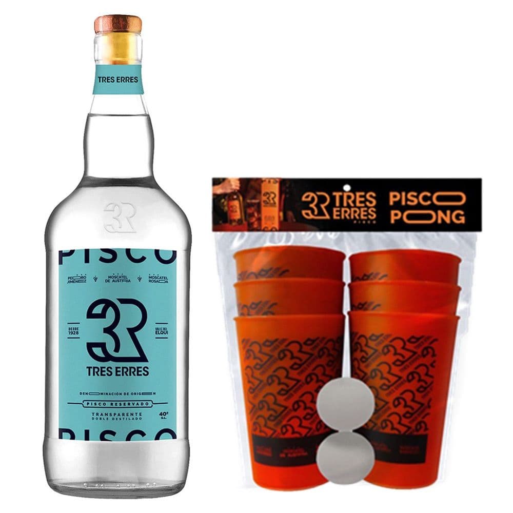 PACK TRES ERRES + KIT PISCO PONG: 1x Pisco Tres Erres Transparente 1 Litro + 1x Kit Pisco Pong_1