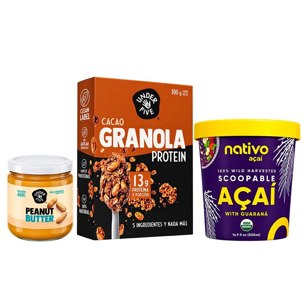 Pack Acaí Bowl N°1: 1x Helado Acaí Nativo Orgánico 500ml + 1x Granola Proteica Underfive 300grs + 1x Mantequilla de Maní Underfive 460grs_1