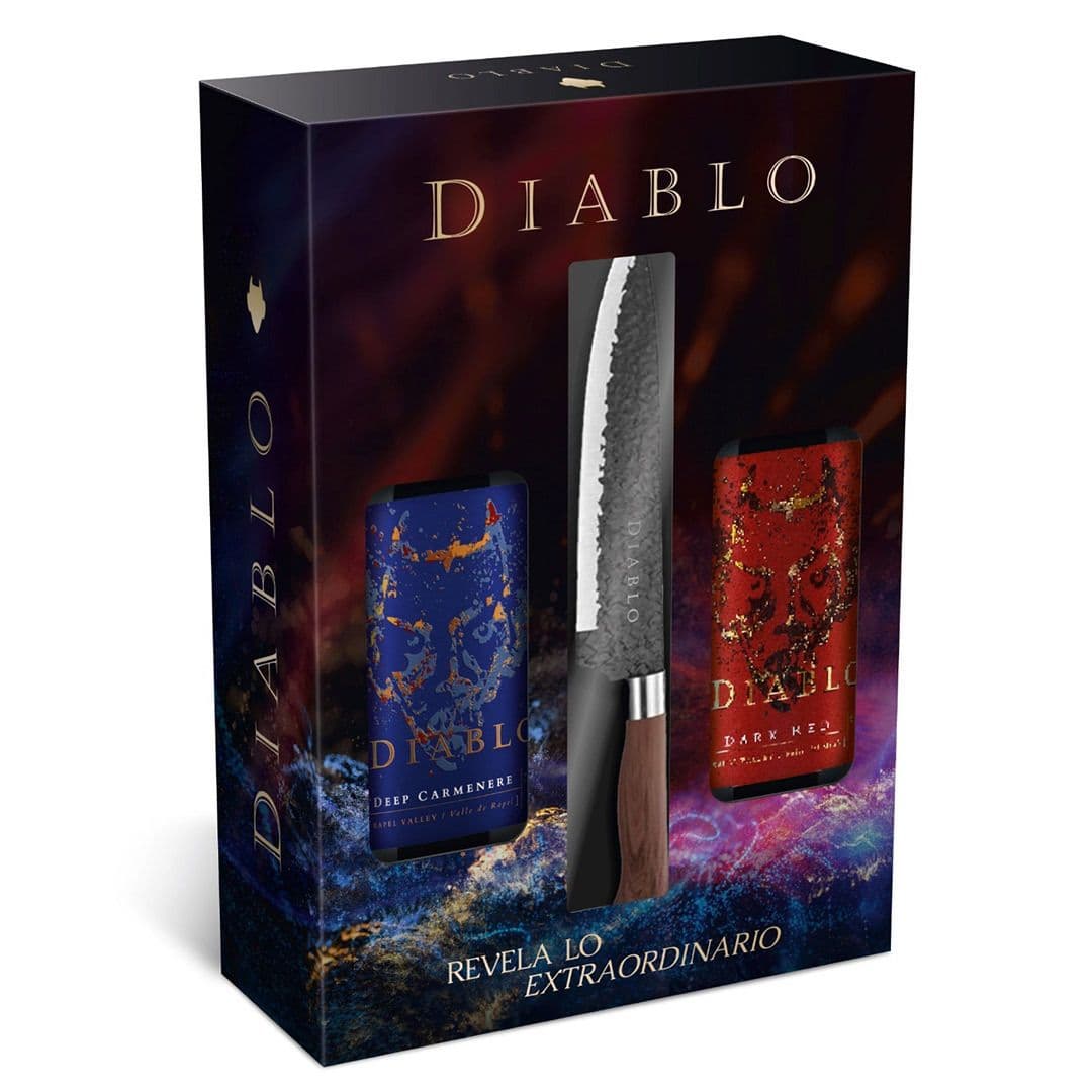 Pack Vinos Diablo y Cuchillo: 1x Vino Diablo Dark Red 750cc + 1x Vino Diablo Deep Carmenere 750cc + Cuchillo_1