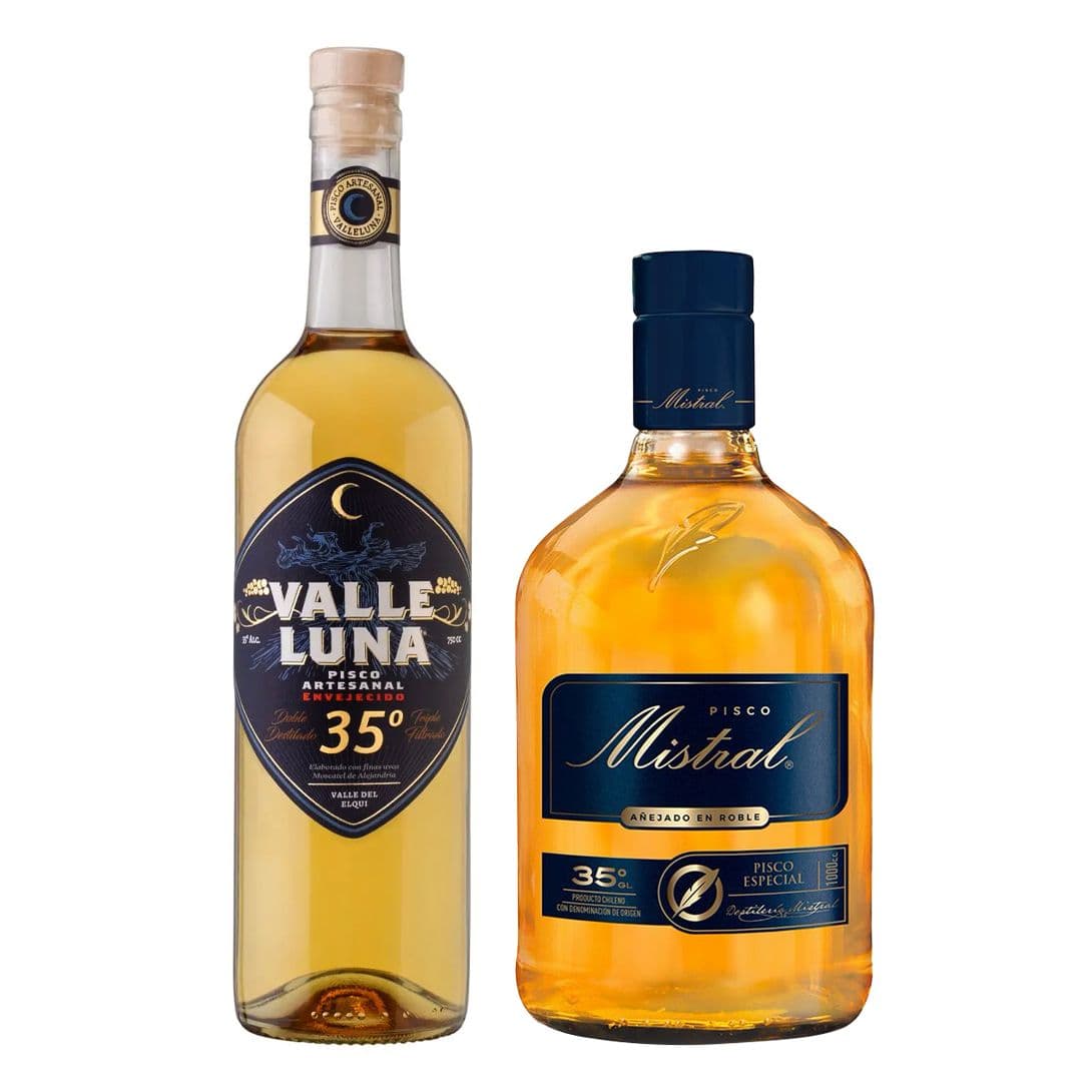 DUO MISTRAL - VALLELUNA: 1x Pisco Mistral Añejado 1 Litro 35º alc. + 1x Pisco Valleluna Envejecido 750cc 35°alc._1