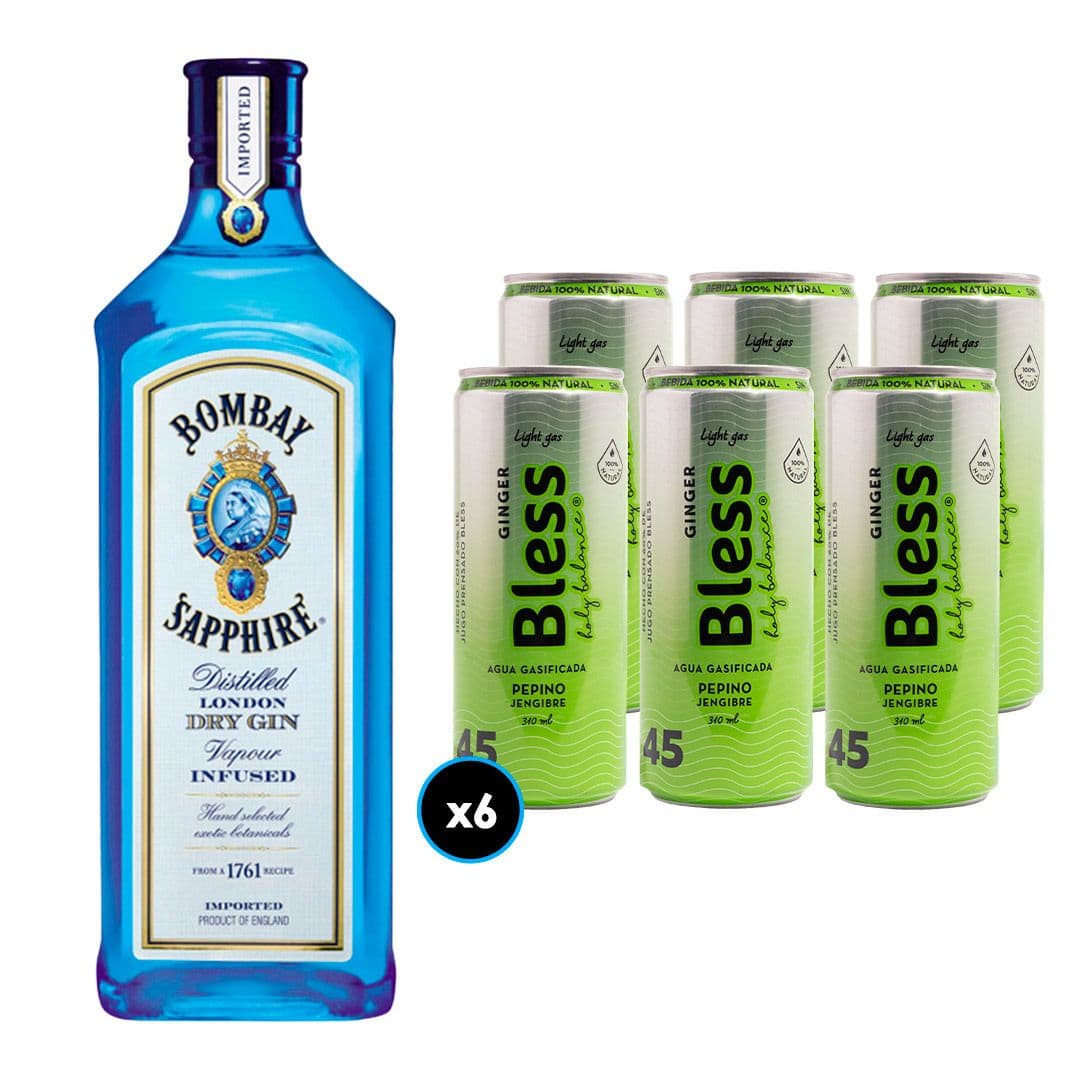 6x Agua Bless Pepino y Jengibre con Gas 310cc + Gin Bombay Sapphire 750cc 40º alc._1