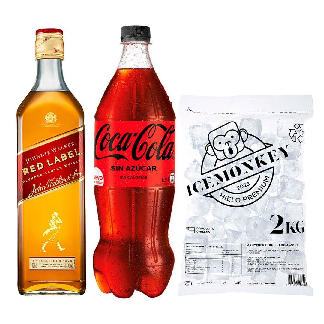 PROMO JW RED 750cc + BEBIDA ZERO 1500cc + HIELO: Whisky Johnnie Walker Red Label 750cc 40º alc. + Bebida Coca Cola Zero Azúcar 1.5 L + Hielo Ice Monkey 2 kg._1
