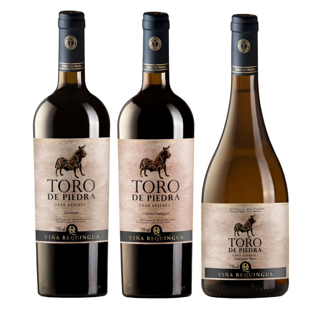 PACK TORO DE PIEDRA GRAN RESERVA: 1X Vino Toro de Piedra Gran Reserva Carmenere 750cc + 1X Vino Toro de Piedra Gran Reserva Cabernet Sauvignon 750cc + 1X Vino Toro de Piedra Gran Reserva Sauvignon Blanc 750cc_1
