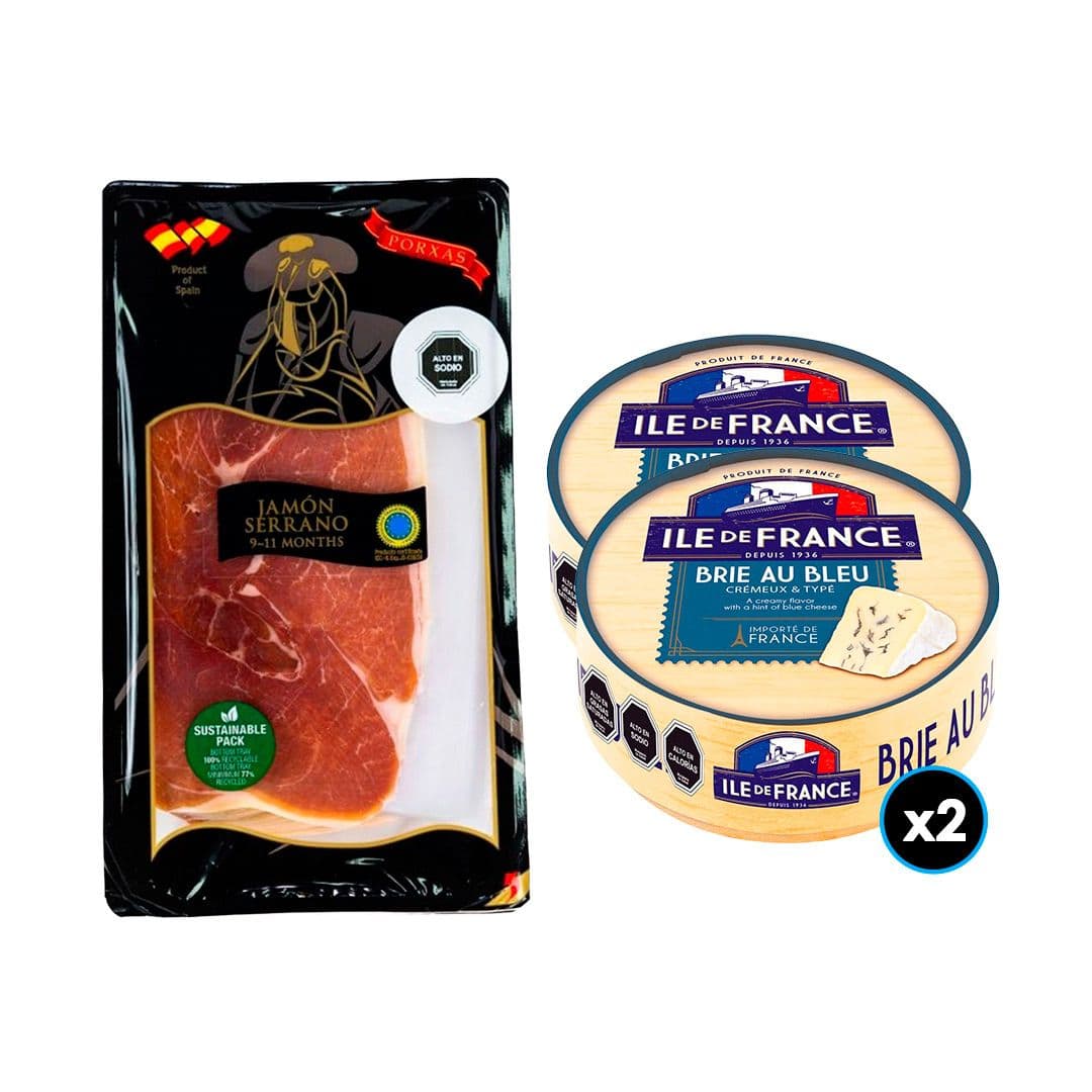 PACK SERRANO - BRIE: 1x Jamón Serrano Porxas 500 grs. + 2x Queso Brie Au Bleu Ile de France 125 grs._1