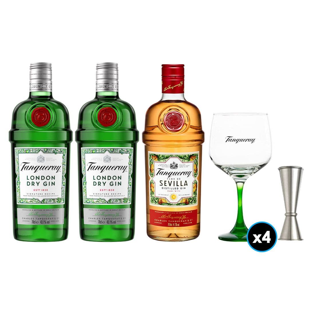 PACK TANQUERAY: 2x Gin Tanqueray 700cc 43.1ºalc +1x Gin Tanqueray Sevilla 700cc +4x Copón Vidrio Tanqueray +1x Jigger JW_1