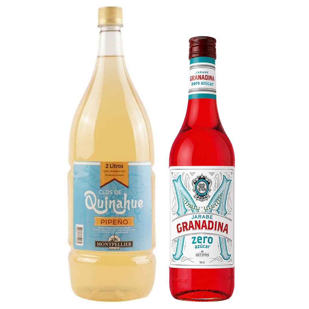 Pack Terremoto 3: Pipeño Montpellier Clos de Quinahue 2 Litros + Jarabe Granadina Mitjans Zero 900 cc_1