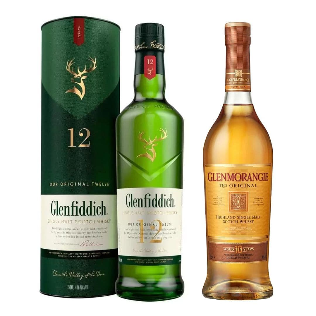 SINGLE MALT DUO: Whisky Glenfiddich 12 años 750cc 40º alc. + Whisky Glenmorangie Original 10 años 700cc 40º alc._1