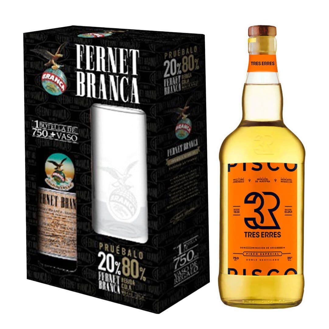 Pack Kit Branca con vaso + 3R 750cc: KIT FERNET: 1x Licor Fernet Branca 750cc + 1x Vaso y Pisco Tres Erres 750cc 35º alc._1