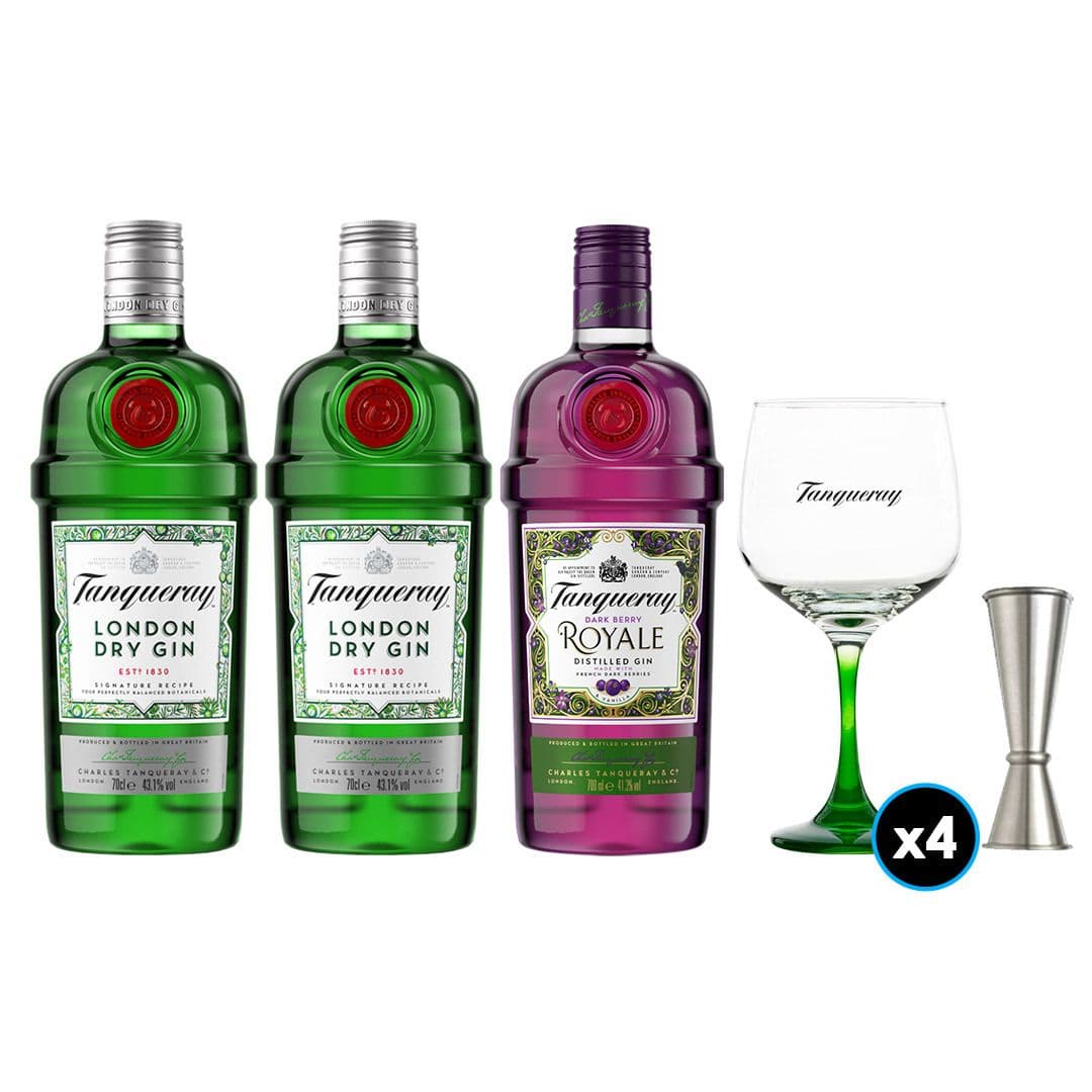 PACK TANQUERAY: 2x Gin Tanqueray 700cc 43.1ºalc + 1x Gin Tanqueray Royale 700cc + 4x Copas + Jigger_1