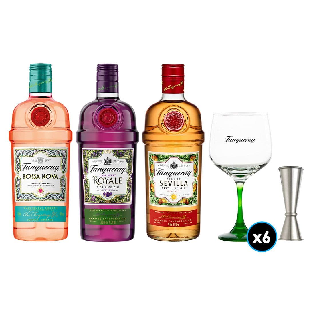 PACK TANQUERAY: 1x Gin Tanqueray Bossa Nova 700cc +1x Gin Tanqueray Royale 700cc +1x Gin Tanqueray Sevilla 700cc +6x Copón Vidrio Tanqueray +1x Jigger JW_1