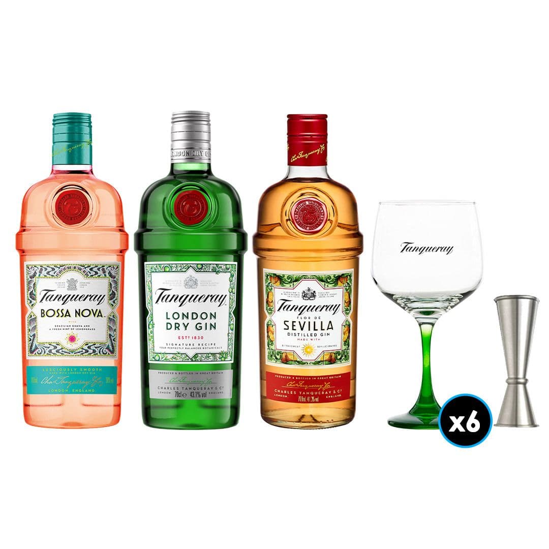 PACK TANQUERAY: 1x Gin Tanqueray 700cc 43.1ºalc +1x Gin Tanqueray Bossa Nova 700cc +1x Gin Tanqueray Sevilla 700cc +6x Copón Vidrio Tanqueray +1x Jigger JW_1