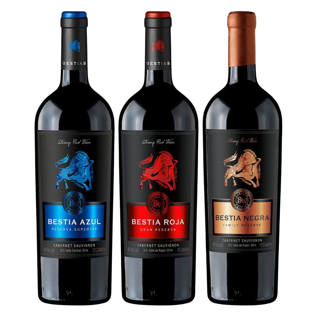 PACK BESTIAS (Cabernet): Vino Bestia Azul Cabernet Sauvignon 750cc + Vino Bestia Roja Gran Reserva Cabernet Sauvignon 750cc + Vino Bestia Negra Cabernet Sauvignon 750cc_1
