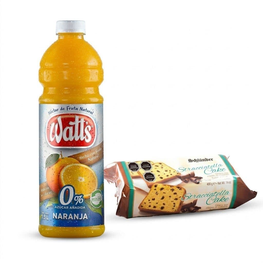 Pack Desayuno: Jugo Watts Naranja Light 1,5 Litros + Queque Schlünder Vainilla con Trozos de Chocolate 400 grs._1
