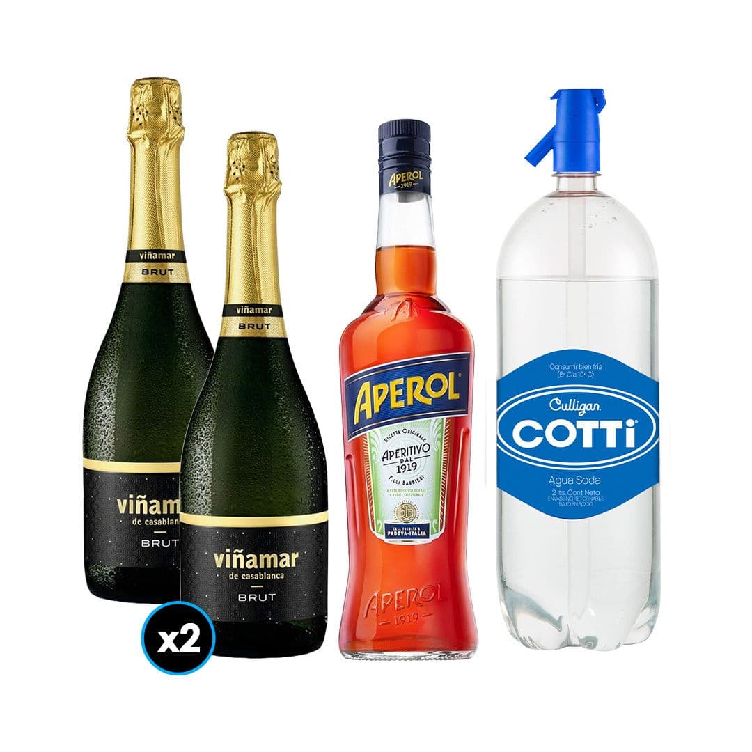 PACK SPRITZ PERFECTO (APEROL - VIÑAMAR): 1x Licor Aperitivo Aperol 750cc + 2x Espumante Viñamar Charmat Brut 750cc + 1x Agua Soda Cotti 2 Litros_1