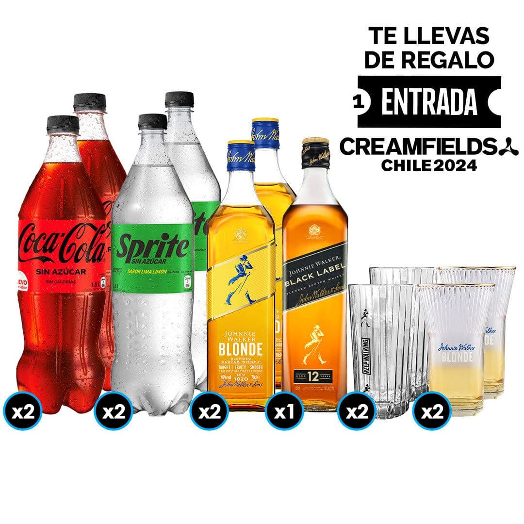 Pack Creamfields Johnnie Walker: 2X Whisky Johnnie Walker Blonde 750cc 40º alc. + 1X Whisky Johnnie Walker Black Label 750 Litro 40º alc. + 2X Bebida Coca Cola Sin Azúcar 1.5 L + 2X Bebida Sprite Sin Azúcar 1.5 L + 2X Vaso Highball JW Black + 2X Vaso JW Blonde Vidrio_1