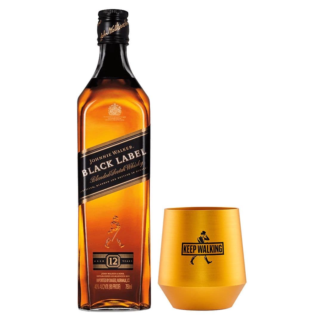 PACK JOHNNIE WALKER BLACK + VASO METALICO: 1X Whisky Johnnie Walker Black Label 750cc 40º alc. + 1X Vaso Corto JW Aluminio Black_1