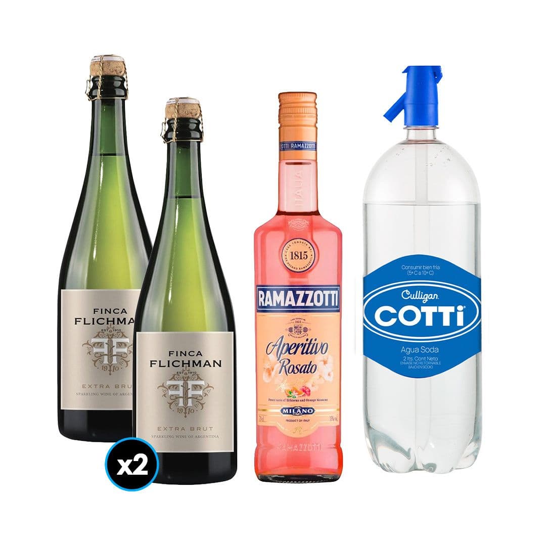 PACK SPRITZ PERFECTO (RAMAZZOTTI - FINCA FLICHMAN): 1x Licor Aperitivo Ramazzotti Rosatto 700cc + 2x Espumante Finca Flichman Extra Brut 750cc + 1x Agua Soda Cotti 2 Litros_1