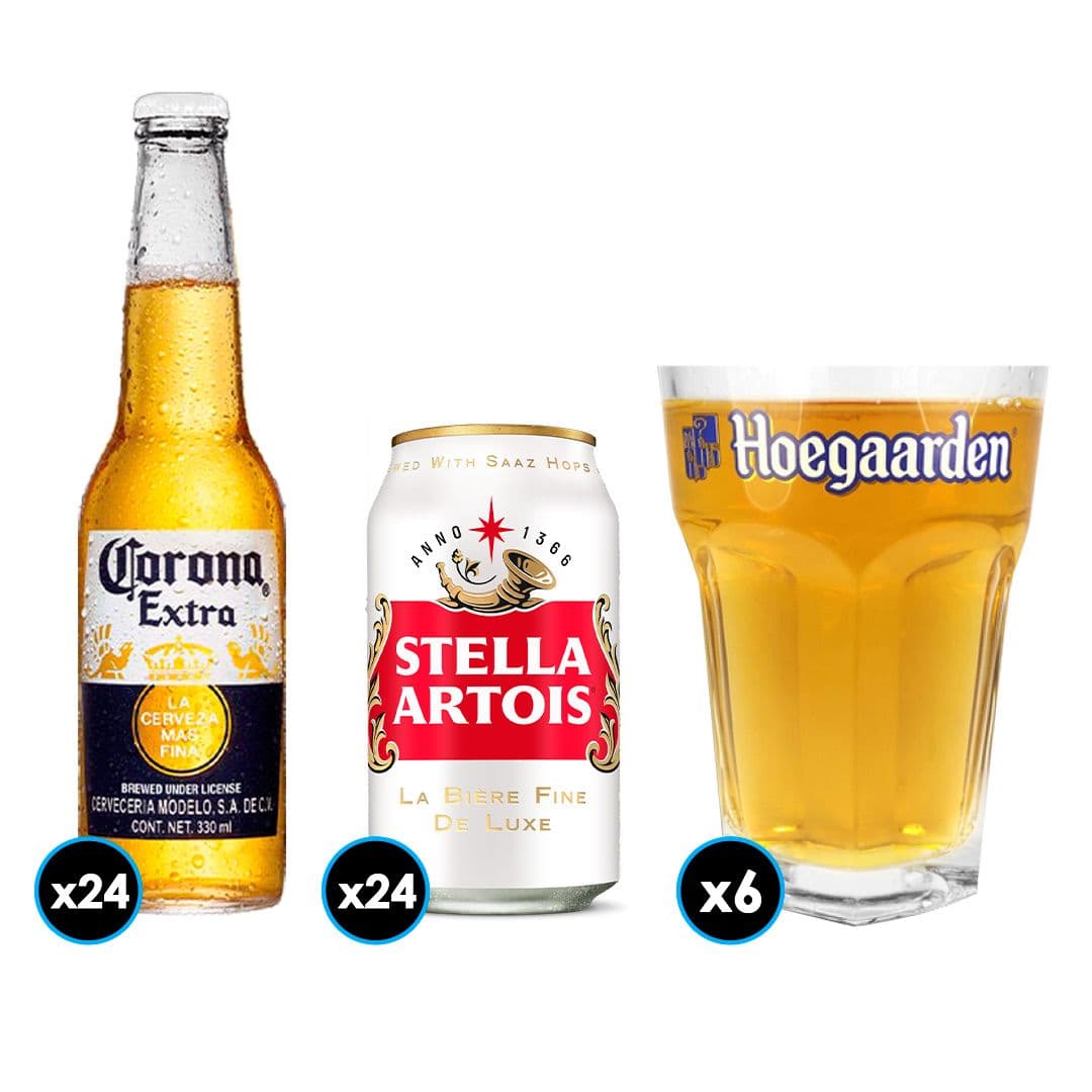 PACK CERVEZA: 24x Cerveza Corona Extra en Botellas 330cc + 24x Cerveza Stella Artois Lata 354cc + 6x Vaso Vidrio Hoegaarden 500cc_1