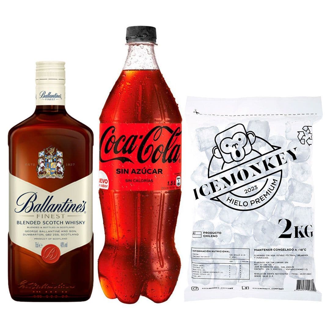 PROMO BALLANTINES FINEST 750cc + BEBIDA ZERO 1500cc + HIELO: Whisky Ballantines Finest 750cc 40º alc. + Bebida Coca Cola Zero Azúcar 1.5 L + Hielo Ice Monkey 2 kg._1