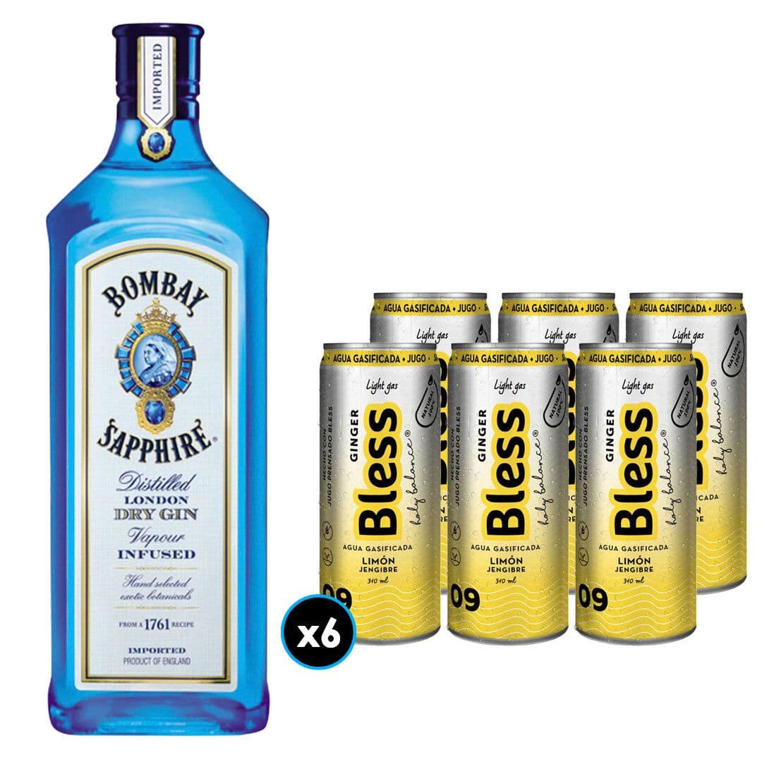 6x Agua Bless Limón y Jengibre con Gas 310cc + Gin Bombay Sapphire 750cc 40º alc._1