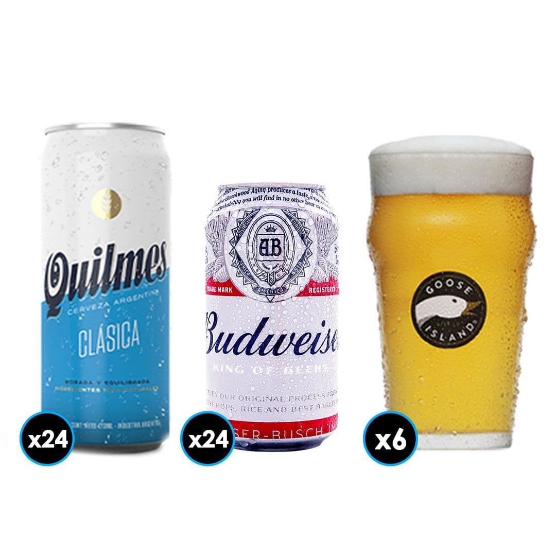PACK CERVEZA: 24x Cerveza Budweiser en Lata 354cc + 24x Cerveza Quilmes Lata 473cc + 6x Vaso Goose Island IPA_1
