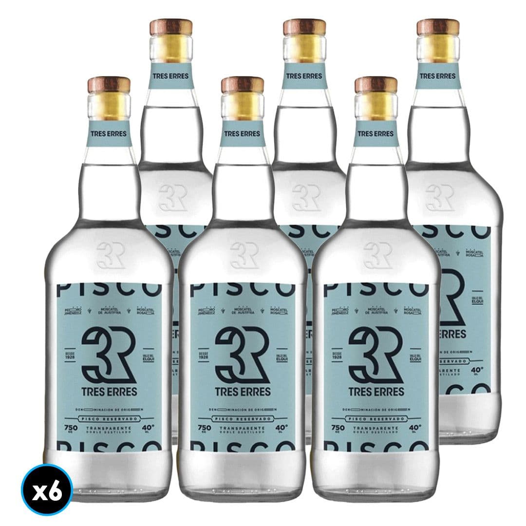CAJA TRES ERRES TRANSPARENTE 750cc : 6x Pisco Tres Erres 750cc transparente 40° alc._1
