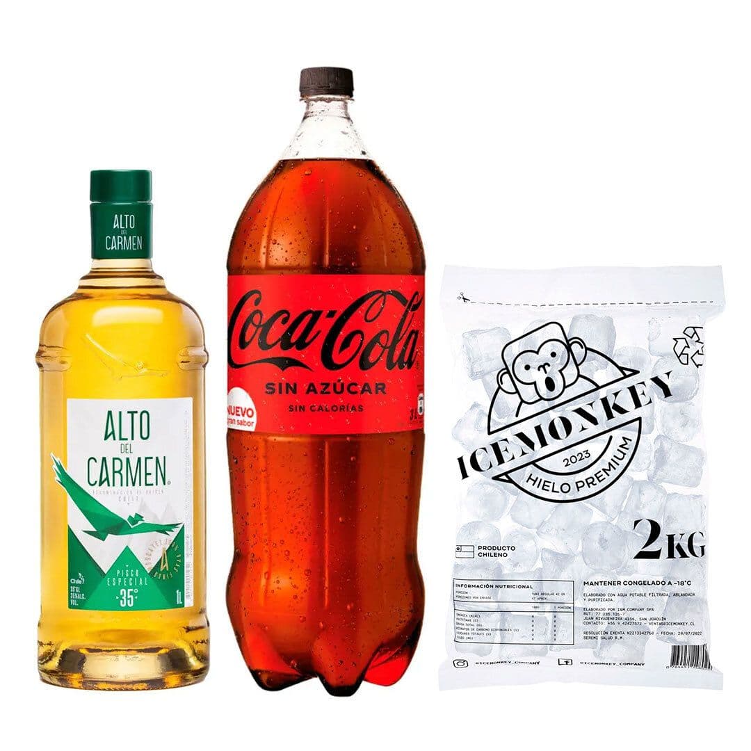PROMO ALTO LITRO + BEBIDA ZERO 3L + HIELO: Pisco Alto del Carmen 35 grados 1 Litro + Bebida Coca Cola Zero Azúcar 3 L + Hielo Ice Monkey 2 kg._1