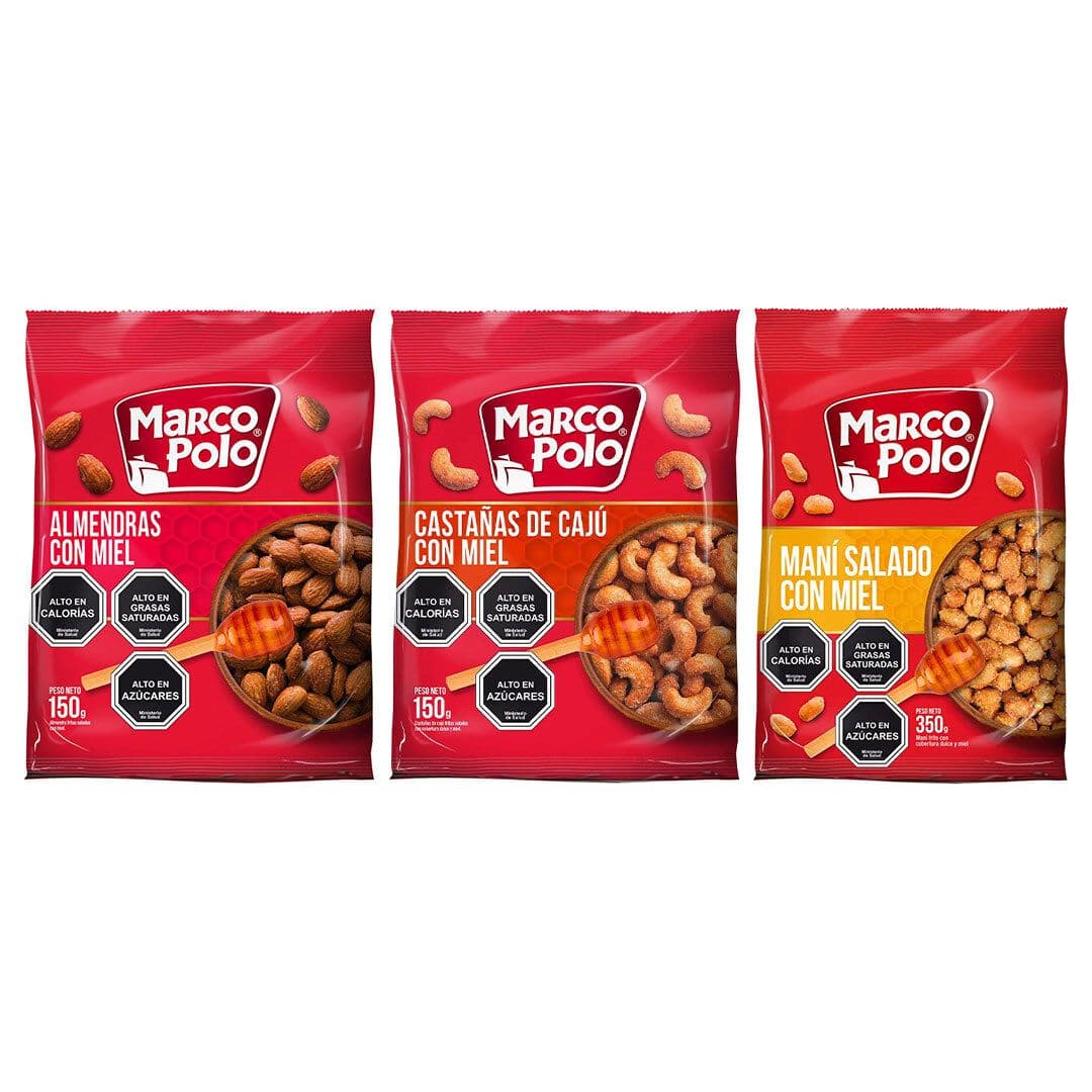 PACK MIX VARIEDADES MIEL MARCO POLO: 1x Maní Marco Polo Salado con Miel 350 grs. + 1x Almendras Con Miel Marco Polo 150 grs. + 1x Castañas de Cajú Miel Marco Polo 150 agrs._1