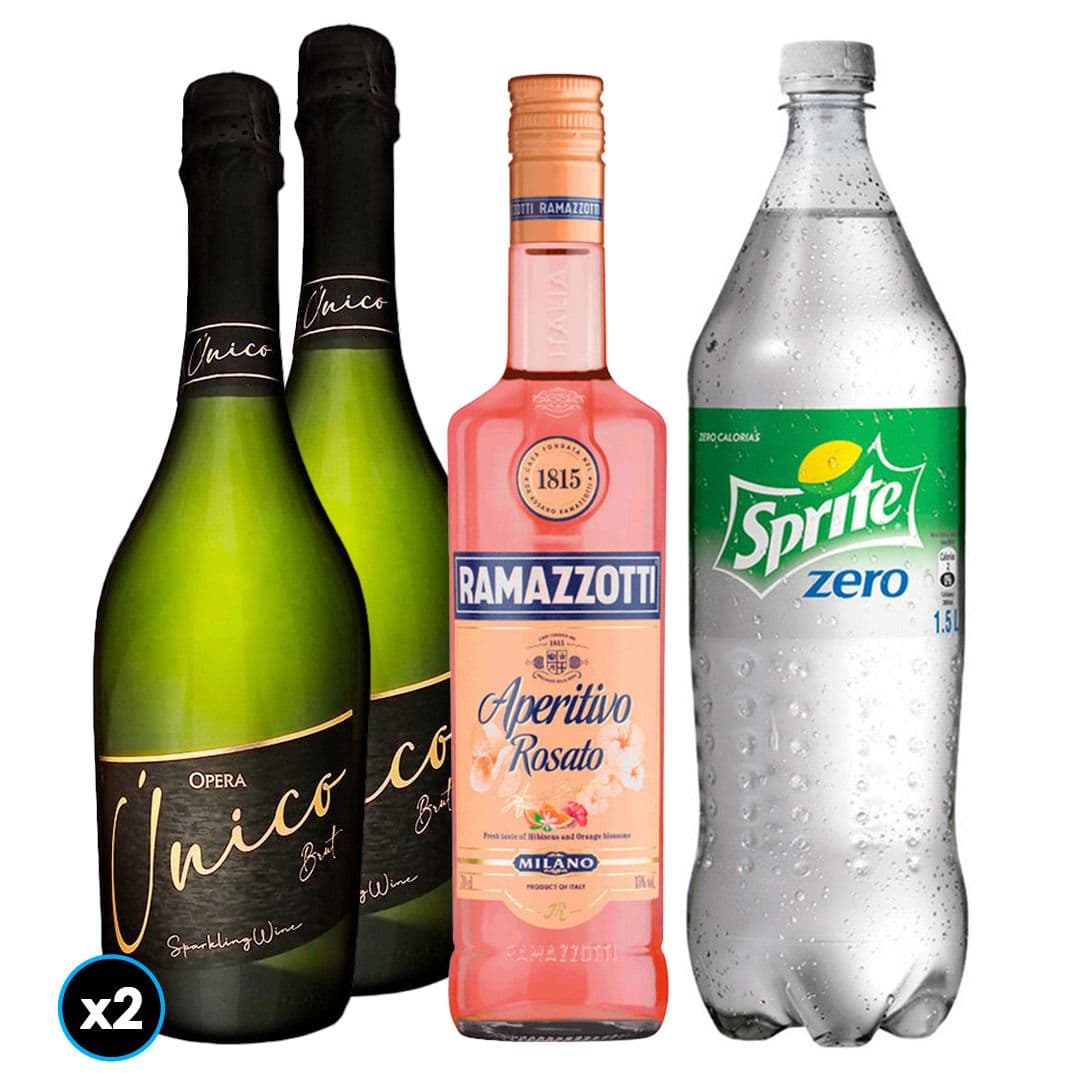PACK ÚNICO: 2X Espumante Opera Único Brut 750cc + 1X Licor Aperitivo Ramazzotti Rosato 700cc + 1X Bebida Sprite Sin Azúcar 1.5 L_1