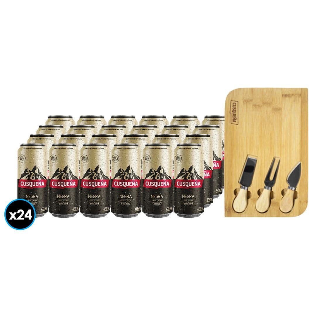 PACK CUSQUEÑA: 24X Cerveza Cusqueña Negra Lata 473cc +1x Tabla Picoteo Cusqueña_1