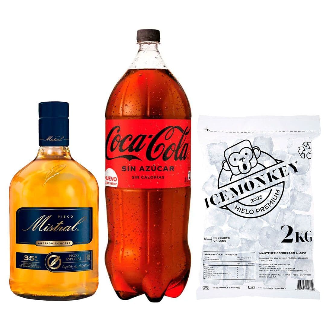 PROMO MISTRAL LITRO + BEBIDA ZERO 3 LTS + HIELO: Pisco Mistral Añejado 1 Litro 35º alc. + Bebida Coca Cola Zero Azúcar 1.5 L + Hielo Ice Monkey 2 kg._1