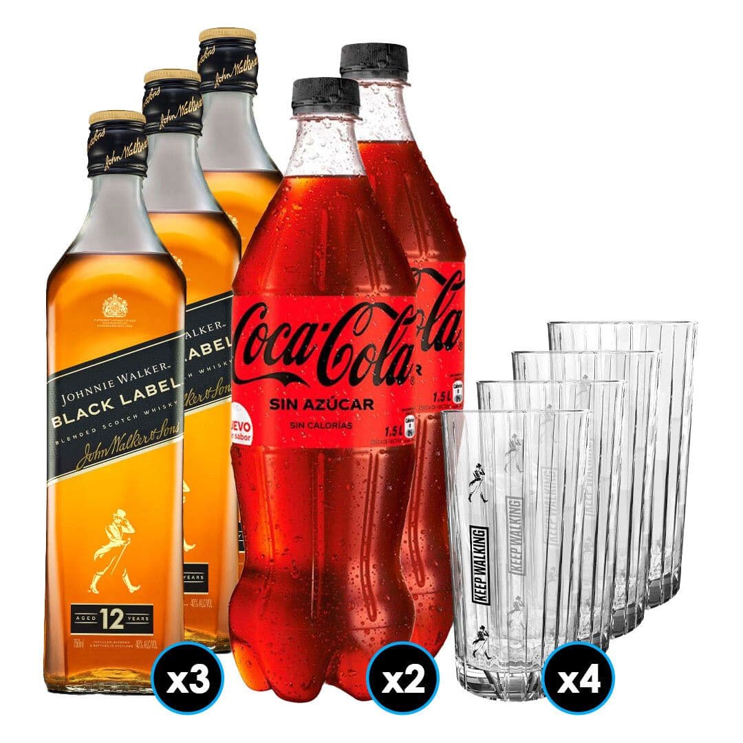 Pack Johnnie Walker Black: 3X Whisky Johnnie Walker Black Label 750cc 40º alc. + 2X Bebida Coca Cola Zero Azúcar 1.5 L + 4X Vaso Highball JW Black_1