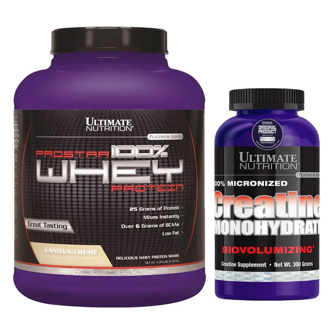DÚO ULTIMATE NUTRITION (Vainilla): 1x Proteína Prostar 100% Whey Vainilla 5 lb + 1x Creatina Monohidratada Ultimate Nutrition 300 grs._1