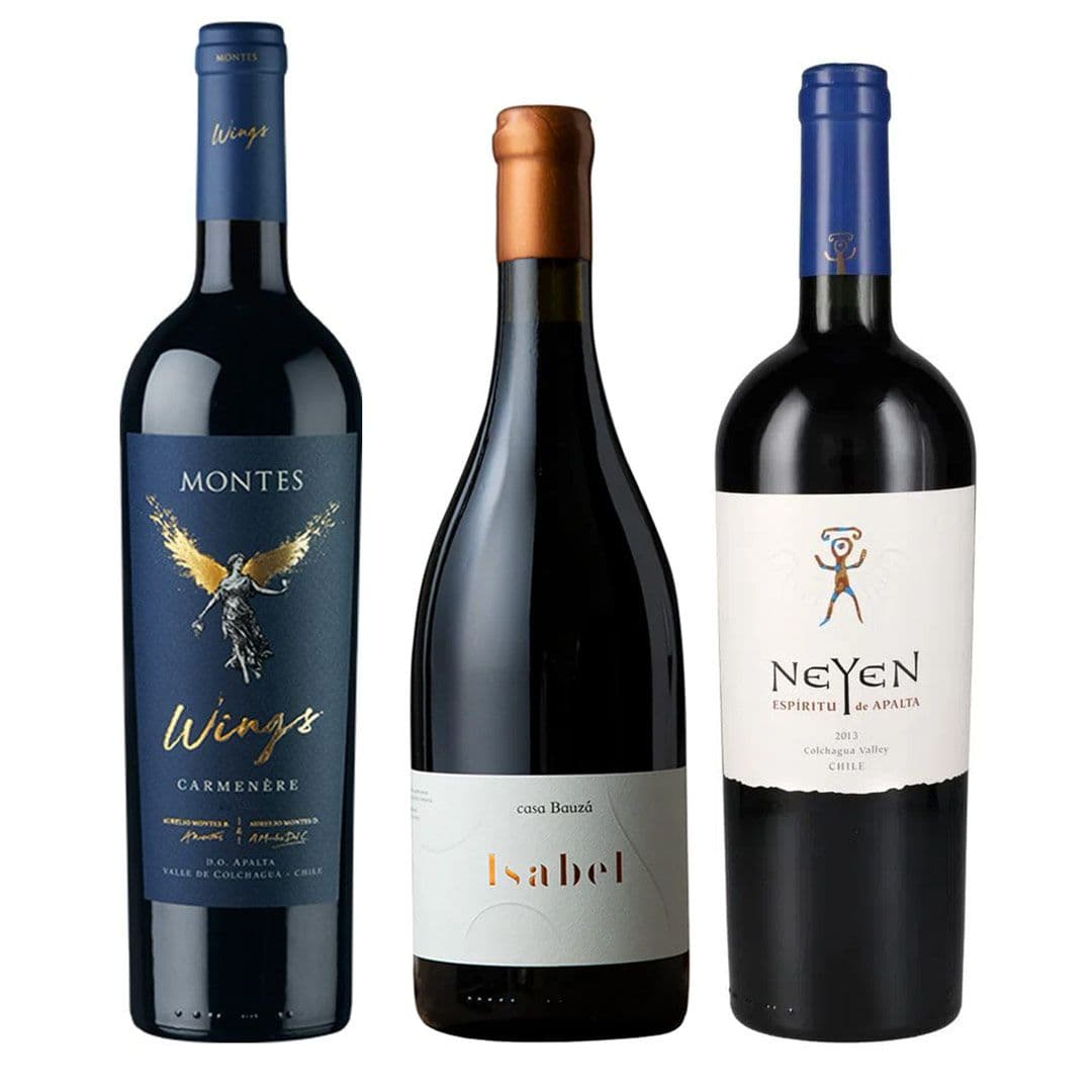 TRIO MONTES - NEYEN - BAUZA: 1x Vino Montes Wings Carmenere 750cc + 1x Vino Ícono Neyen de Apalta Blend 750cc + 1x Vino Ícono Casa Bauzá Isabel 750cc_1