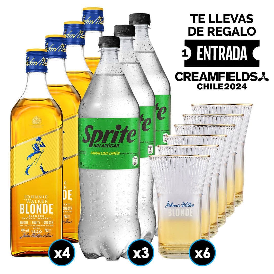 Pack Creamfields Johnnie Walker Blond: 4X Whisky Johnnie Walker Blonde 750cc 40º alc. + 3X Bebida Sprite Sin Azúcar 1.5 L + 6X Vaso JW Blond Vidrio_1