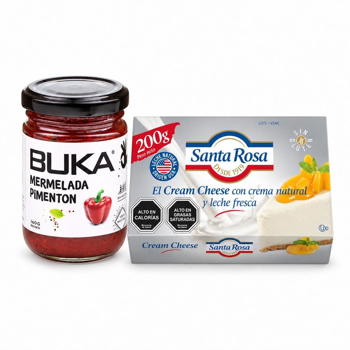 DÚO APERITIVO: 1x Queso Crema Americano Santa Rosa 200 grs. + 1x Mermelada Buka Pimentón Rojo 160 grs._1