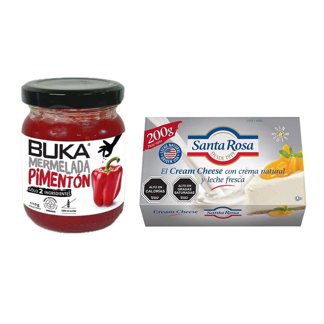DÚO APERITIVO: 1x Queso Crema Americano Santa Rosa 200 grs. + 1x Mermelada Buka Pimentón Rojo 110 grs._1