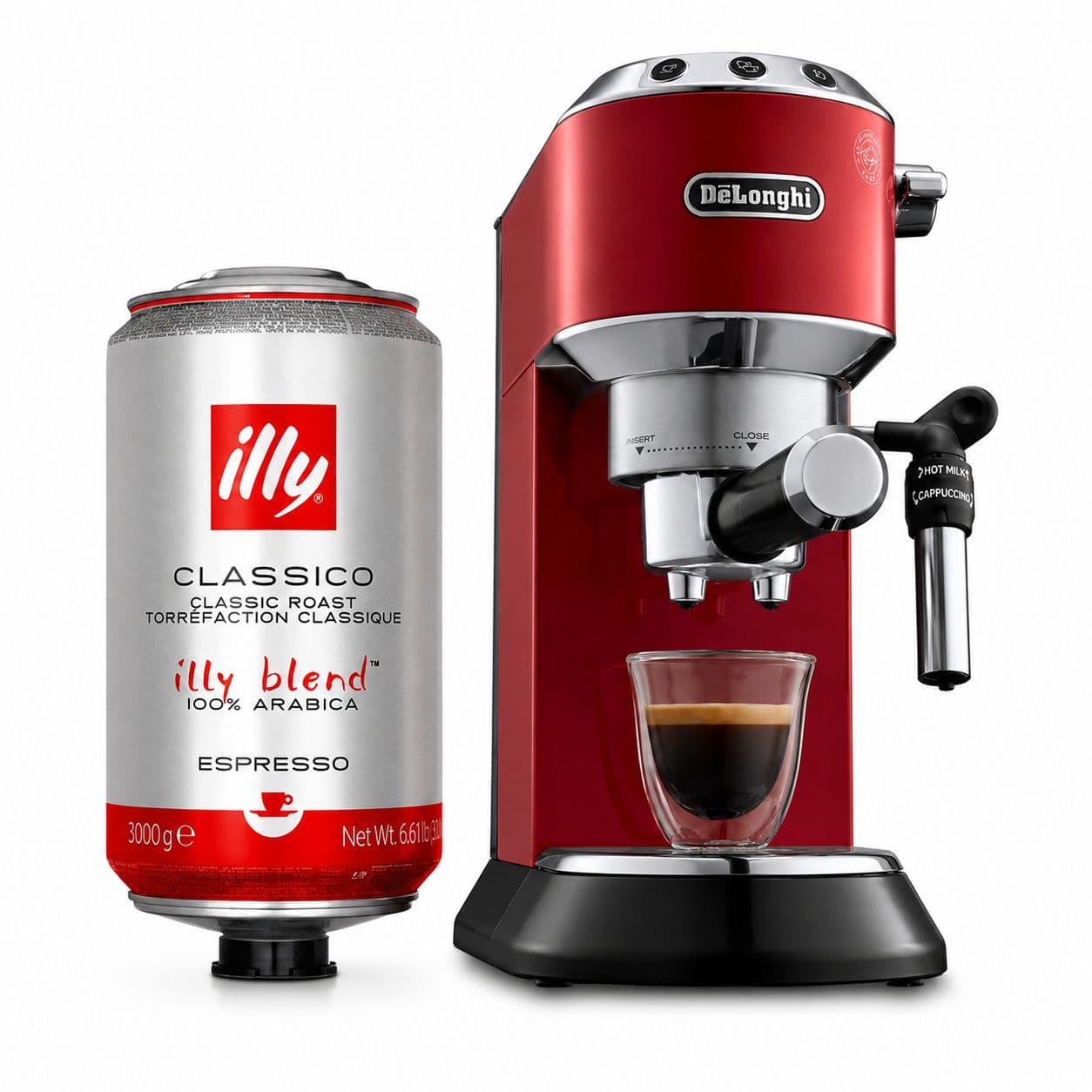 PACK DELONGHI + ILLY: 1x Cafetera DeLonghi Dedica Style Roja + 1x Café Illy Grano Clásico Lata 3kg_1