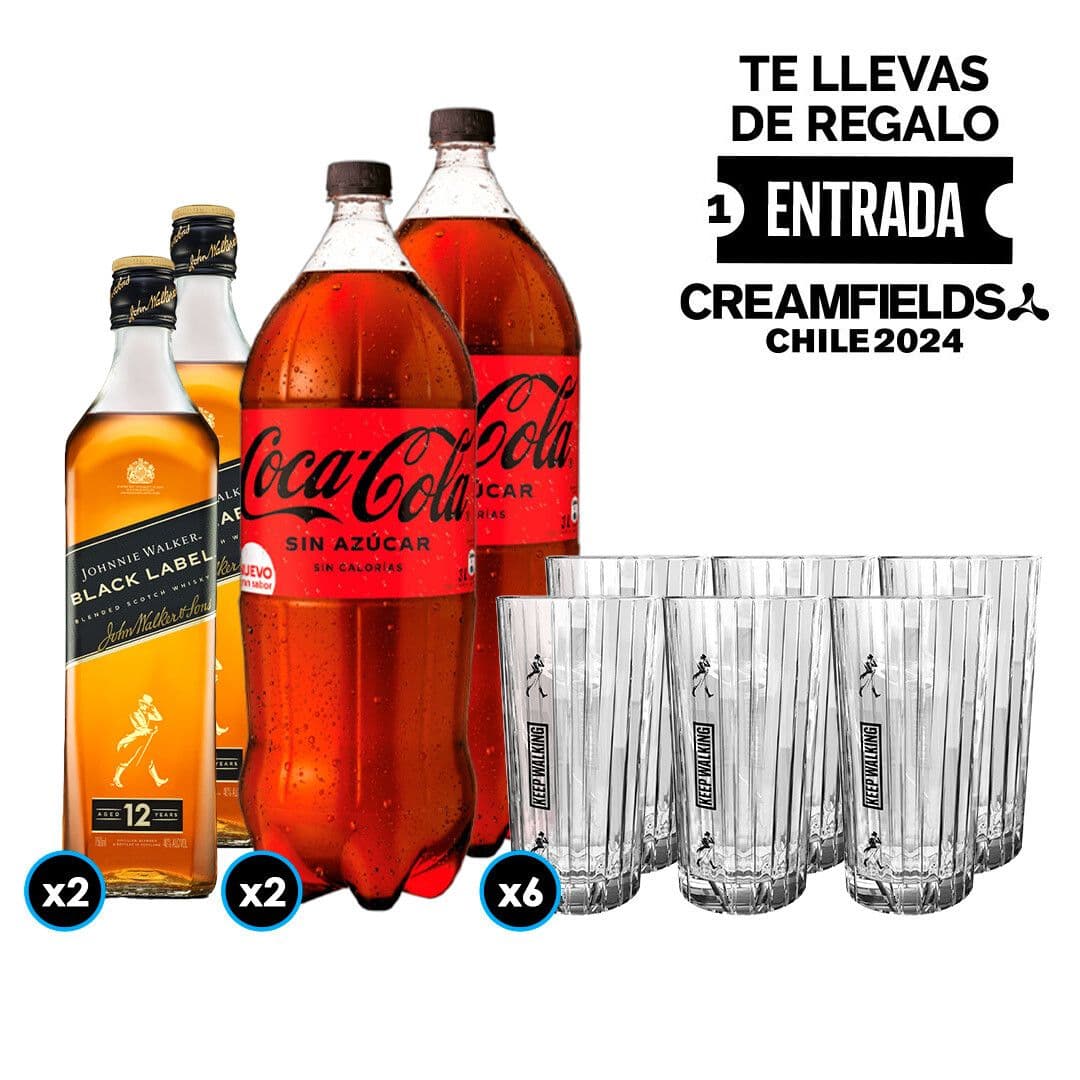 Pack Creamfields Johnnie Walker: 2X Whisky Johnnie Walker Black Label 750cc 40º alc. + 2X Bebida Coca Cola Sin Azúcar 3 L + 6X Vaso Highball JW Black_1