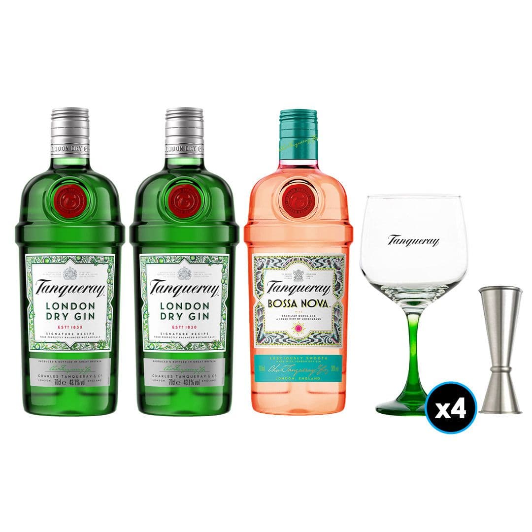 PACK TANQUERAY: 2x Gin Tanqueray 700cc 43.1ºalc +1x Gin Tanqueray Bossa Nova 700cc +4x Copas de vidrio tanqueray + 1x Jigger JW_1