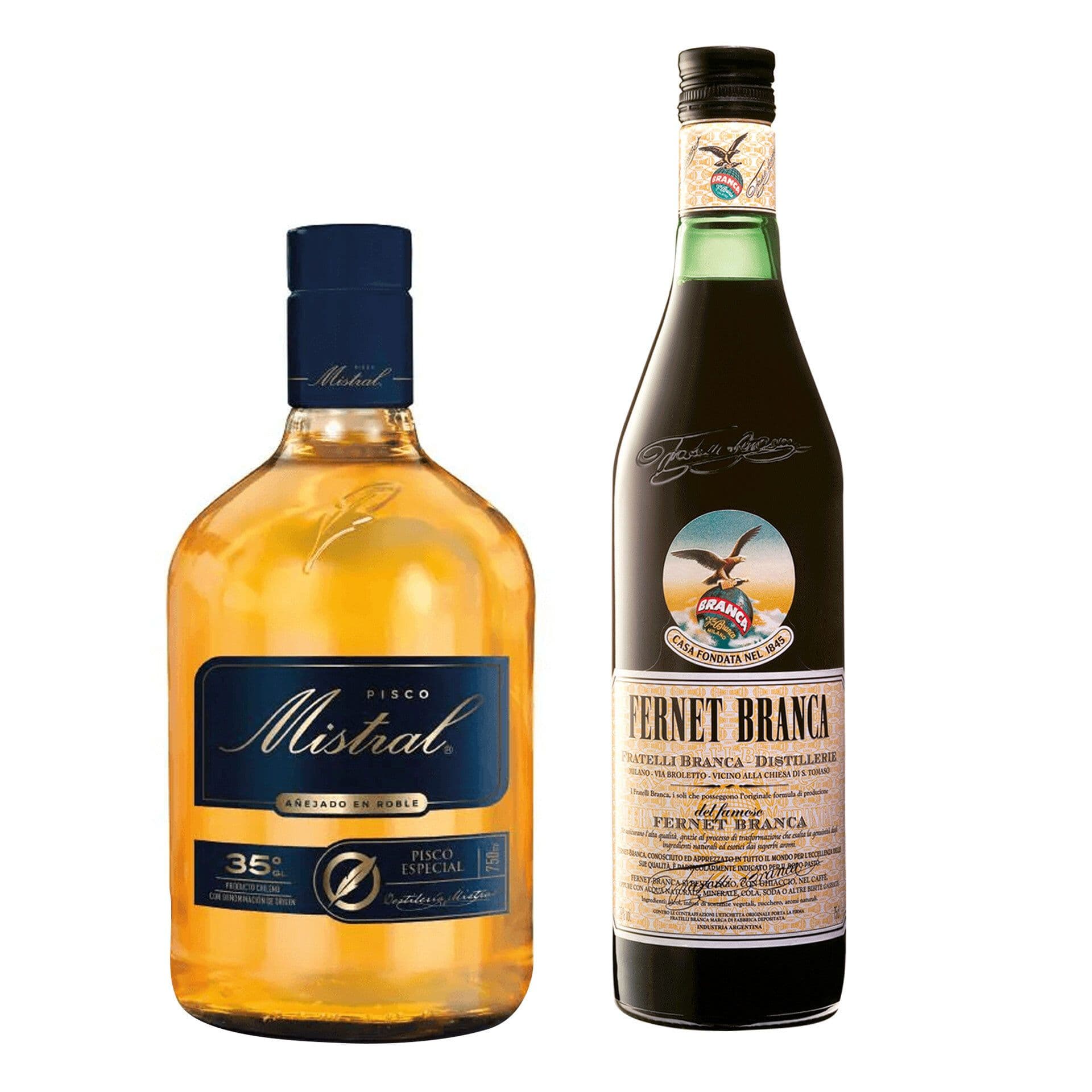 Pack Branca + Mistral (750cc): 1x Licor Fernet Branca 750cc 39° Alc. + 1x Pisco Mistral Especial 750cc 35º alc._1