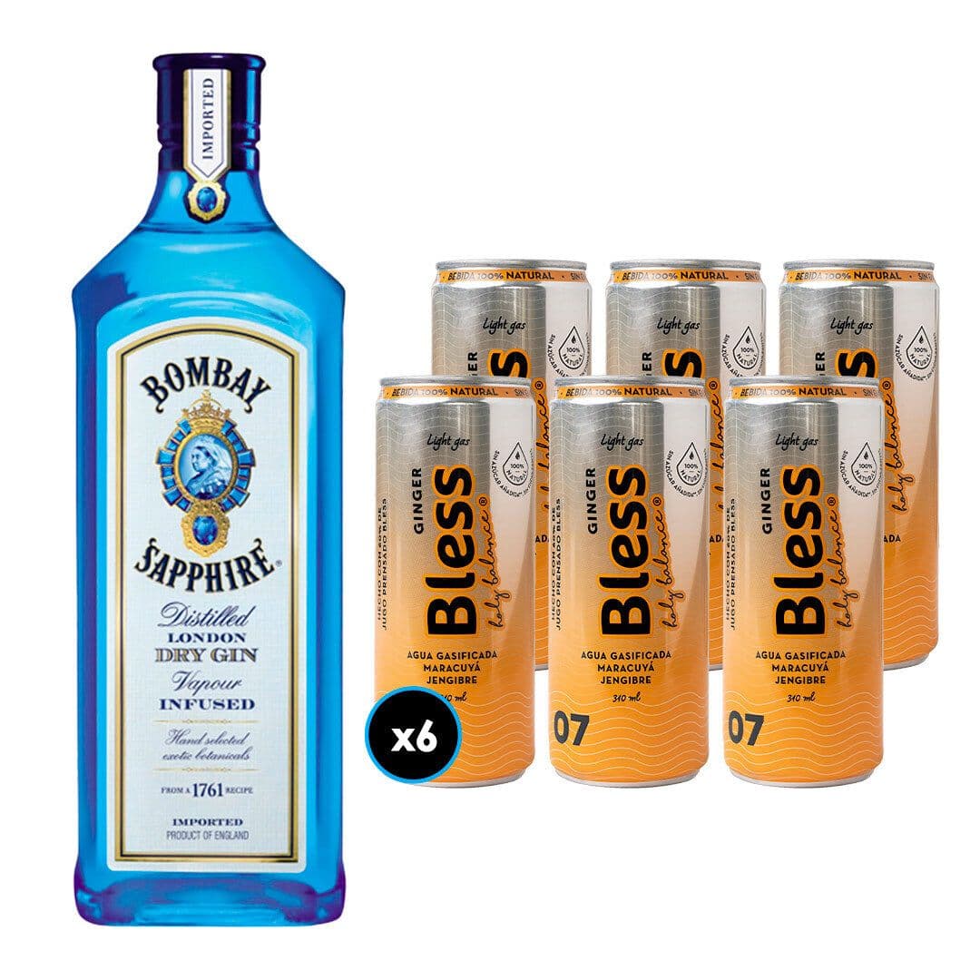 6x Agua Bless Maracuya y Jengibre con Gas 310cc + Gin Bombay Sapphire 750cc 40º alc._1