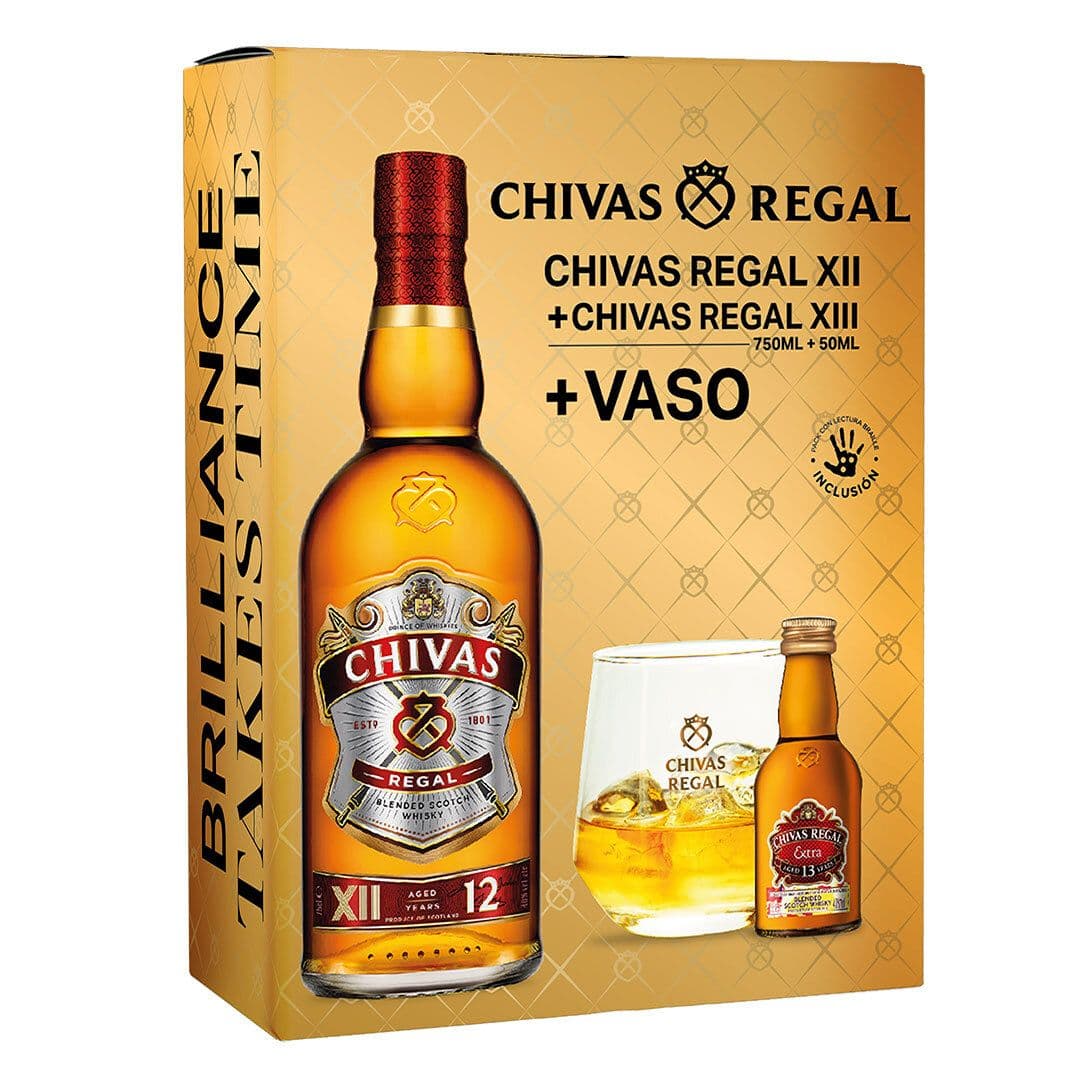 Kit Chivas: Whisky Chivas Regal 12 750cc 40° + Whisky Chivas Extra 13 años 50cc 40° + Vaso Chivas Regal _1