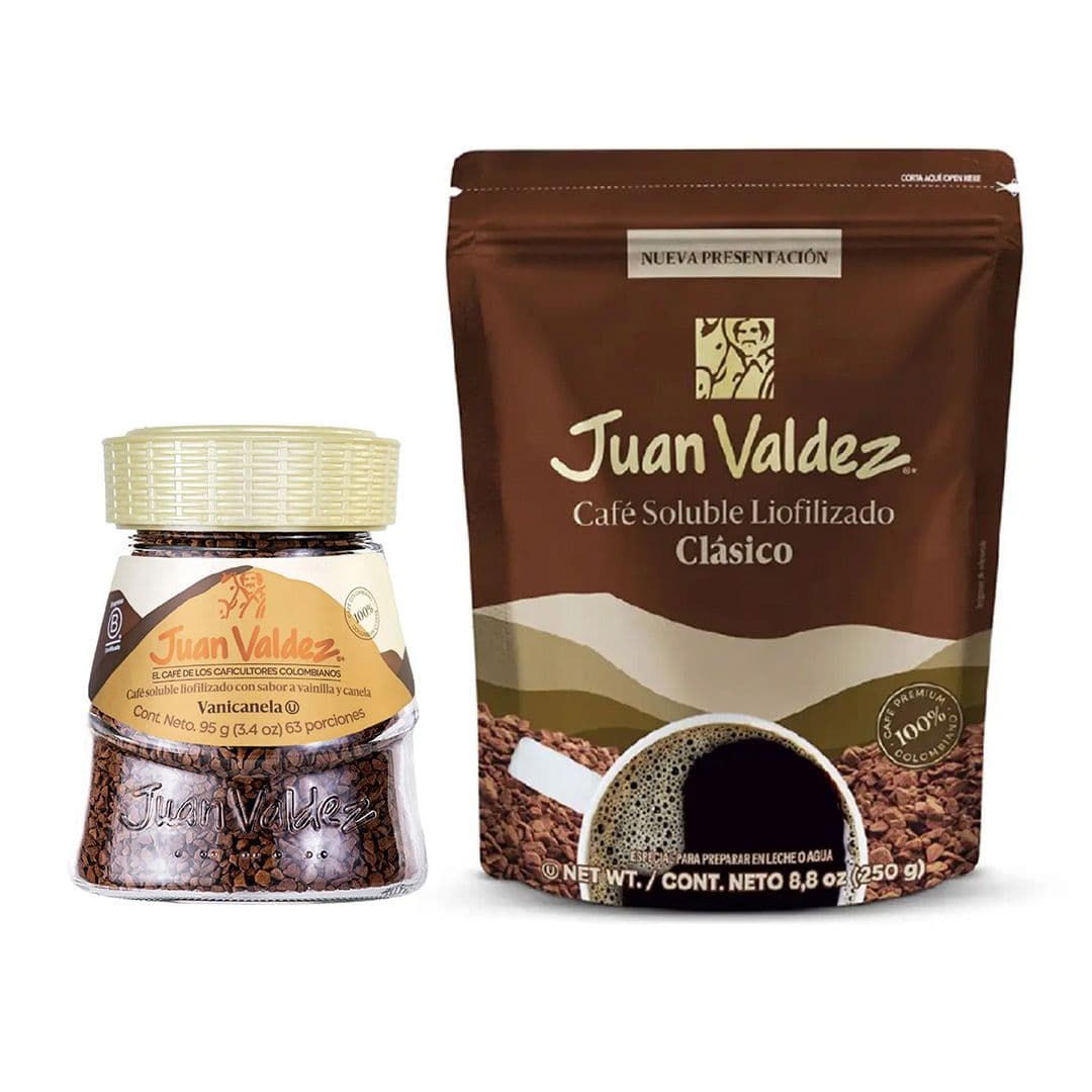 PACK JUAN VALDEZ INSTANTÁNEO: 1x Café Instantáneo Juan Valdez Liofilizado 250 grs. + 1x Café Juan Valdez Instantáneo Liofilizado Vainicanela 95 grs._1