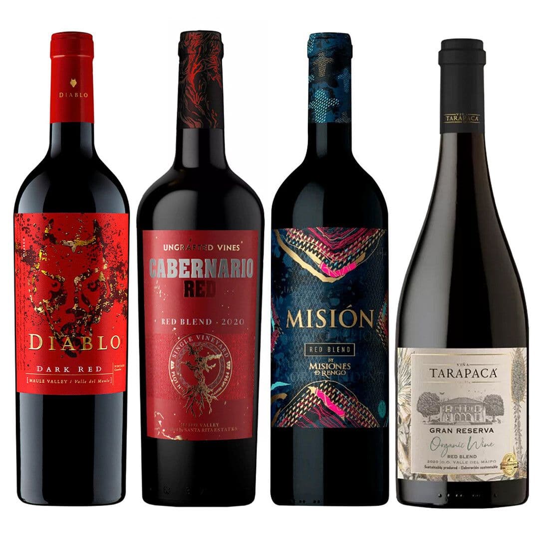 PACK MIX BLEND N°2: 1x Vino Diablo Dark Red 750cc + 1x Vino Cabernario Red Blend 750cc + 1x Vino Misión Red Blend 750cc + 1x Vino Tarapacá Gran Reserva Orgánico Red Blend 750cc_1